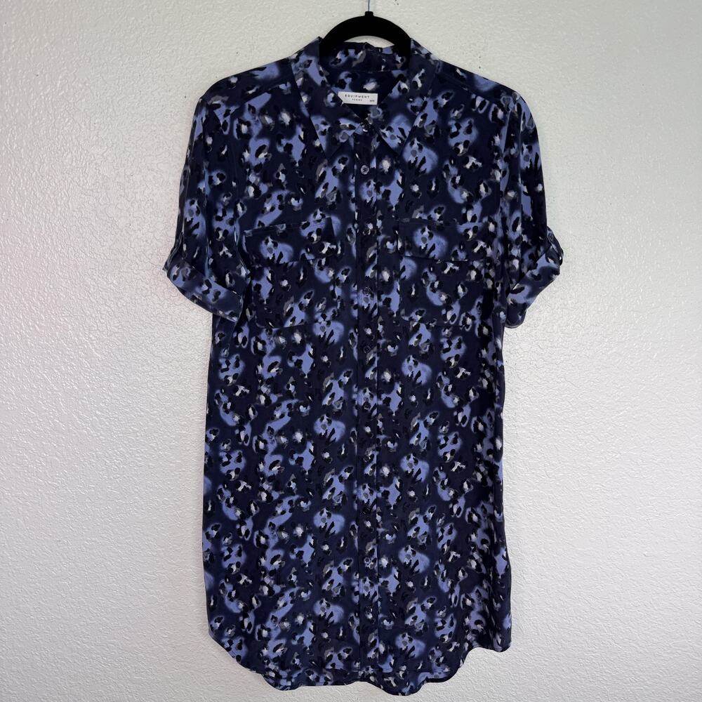 Equipment Shirt Dress Womens Medium Silk Leopard Print Short Sleeve Blue Black